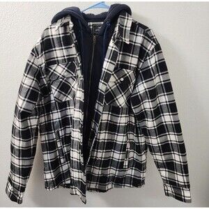 MAGCOMSEN Men's flannel jacket with removable hood Size Large New, Back and W
